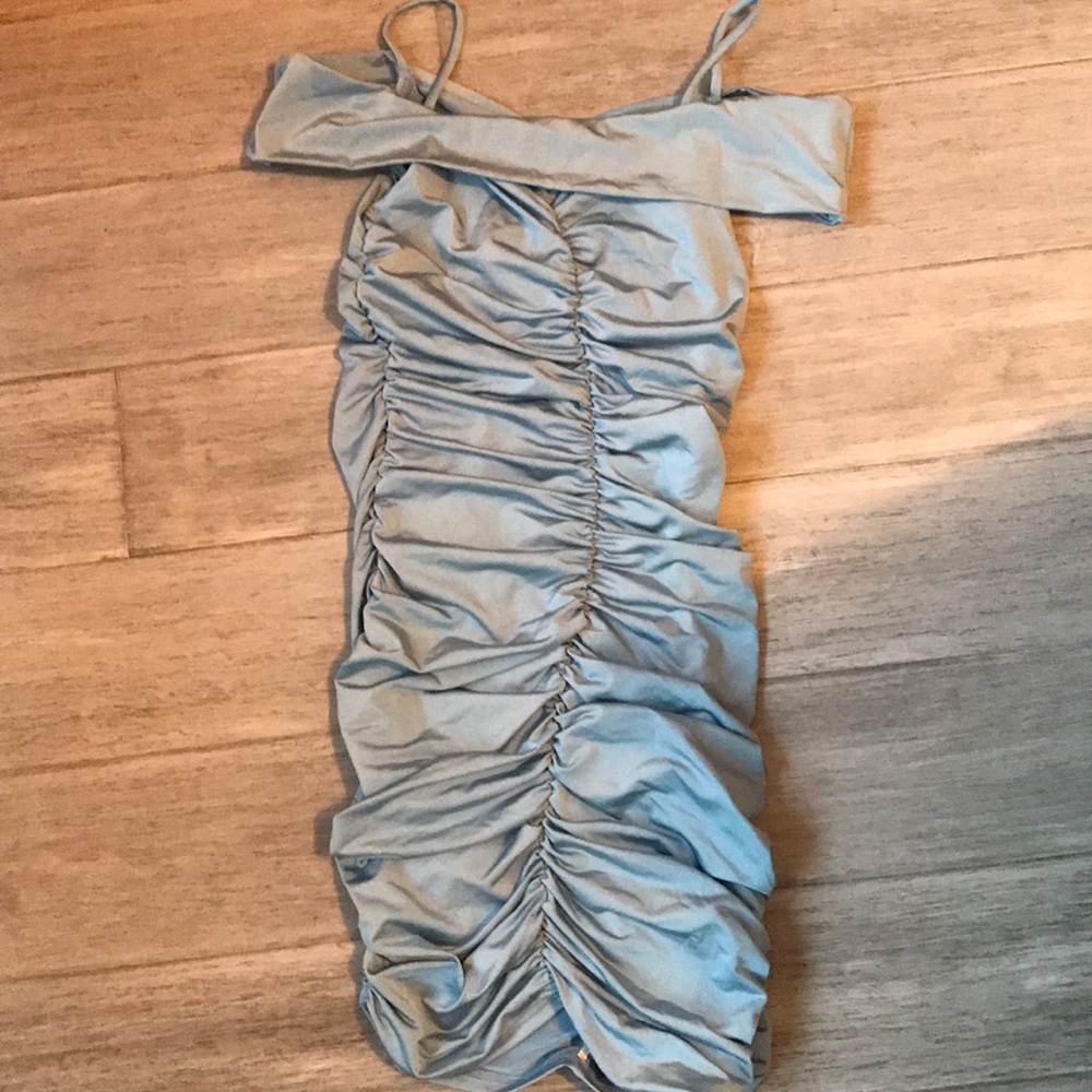 Blue satin cinched dress